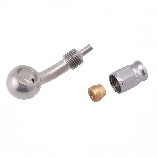The Moto Iron® Stainless Braided Brake Line Kit - Cut-To-Fit is shown coiled with two stainless steel banjo fittings beside it, all set against a white background.