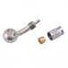 The Moto Iron® Stainless Braided Brake Line Kit - Cut-To-Fit is shown coiled with two stainless steel banjo fittings beside it, all set against a white background.