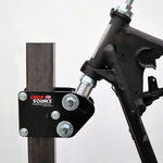 A metal bracket attached to a DIY Motorcycle Frame Jig Kit By Chop Source (Great for Chopper and Bobber Frame Building).