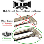 Two Moto Iron® Springer Front Ends for Harley-Davidson frames with 1" necks—one chrome, one black—are displayed side by side with a metal rod and two small parts. Ideal for custom Harley-Davidson springer setups.