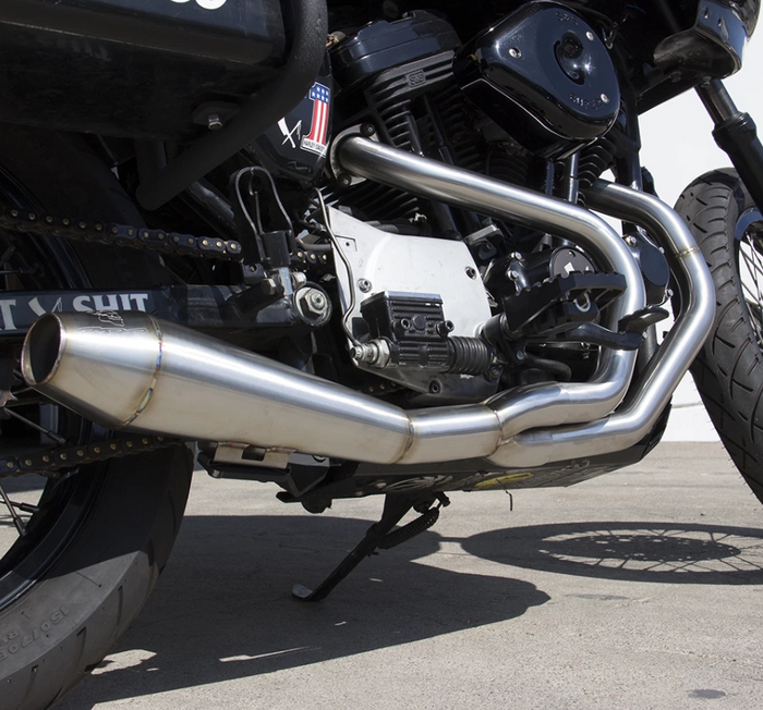 A black motorcycle with a yellow seat equipped with the Two Brothers 2 into 1 Stainless Exhaust System For Harley Sportster Models 1983-2003, made by Two Brothers.