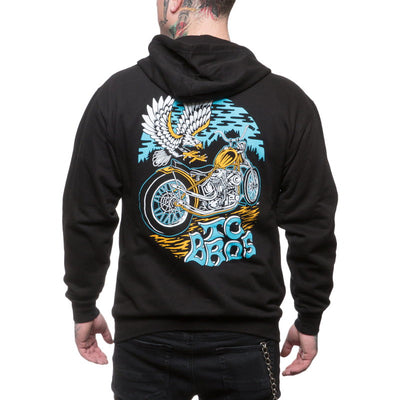 The back of a man wearing a TC Bros. Eagle Zip Hoodie - Black with an eagle on it.
