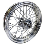 A Mid-USA Chrome Rear 40 Spoke Wheel 16"x3" (fits Harley Ironhead Sportster XL 1955-1978), on a white background.
