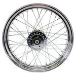 A close-up of the Mid-USA Chrome 40 Spoke Front 19"x2.5" Wheel for Harley Ironhead Sportster XL 1978-1983, featuring a central hub, set against a white background.
