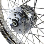 A close-up of the Mid-USA Chrome 40 Spoke Front 19"x2.5" Wheel for Harley Ironhead Sportster XL 1978-1983, featuring a central hub, set against a white background.