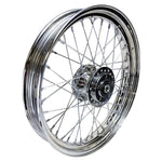 A close-up of the Mid-USA Chrome 40 Spoke Front 19"x2.5" Wheel for Harley Ironhead Sportster XL 1978-1983, featuring a central hub, set against a white background.