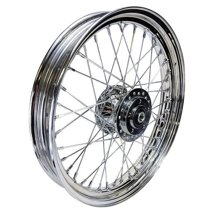 A Mid-USA Chrome Front 40 Spoke Wheel 19"x2.5" (fits Harley Ironhead Sportster XL 1978-1983) on a Harley Ironhead Sportster.