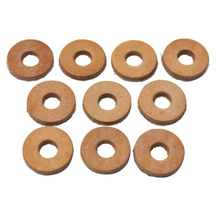 A set of TC Bros. Leather Cushion Washers with 3/8 inch Hole 10 pack on a white background.