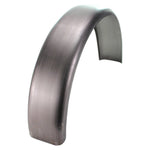 The TC Bros. ARCHIVED 5" Wide Raw Steel Flat Bobber/Chopper Fender features a smooth, curved unfinished metal design with no visible mounting hardware.