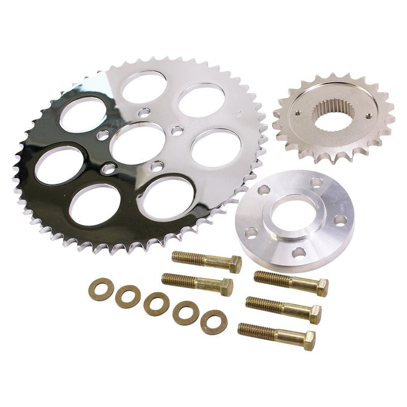 A set of TC Bros. Belt to Chain Conversion kit fits 2004-up XL Sportster Models (Chrome Sprocket) and bolts on a white background, perfect for 2004-up Sportster enthusiasts.