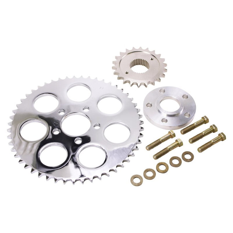 A set of TC Bros. Belt to Chain Conversion Kit fits 2004-up XL Sportster Models (Chrome Sprocket) on a white background.