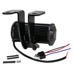 The TC Bros. Scrambler LED Headlight Kit for Harley-Davidson includes two black LED light bars with wiring, connectors, brackets, and hardware—perfect for off-road use or upgrading your Harley's lighting system.