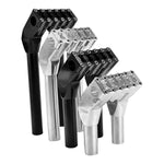 Four TC Bros. Pro Series Modular Pullback Risers for Harley-Davidson, in black and silver finishes, stand upright in two rows against a white background.