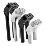 Four TC Bros. Pro Series Modular Pullback Risers for Harley-Davidson, in black and silver finishes, stand upright in two rows against a white background.