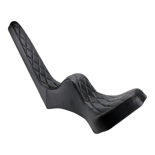 A TC Bros. black leather motorcycle seat with a diamond pleated stitching.