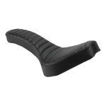 A black leather seat on a white background is displayed, showcasing the TC Bros. Hardtail Rigid Cobra Seat Black Pleated and Sportster weld-on hardtails.