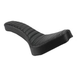 A black leather seat on a white background is displayed, showcasing the TC Bros. Hardtail Rigid Cobra Seat Black Pleated and Sportster weld-on hardtails.