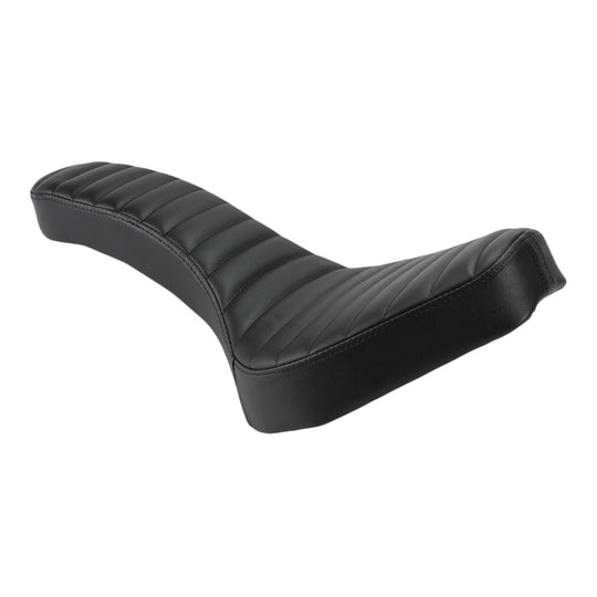 A black leather seat on a white background is displayed, showcasing the TC Bros. Hardtail Rigid Cobra Seat Black Pleated and Sportster weld-on hardtails.