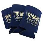 Set of three TC Bros. Can Koozies in black, navy, and beige, each with unique designs inspired by custom motorcycle parts.