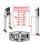 Two Moto Iron® Springer Front Ends for Harley-Davidson frames with 1" necks—one chrome, one black—are displayed side by side with a metal rod and two small parts. Ideal for custom Harley-Davidson springer setups.