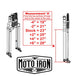 Two Moto Iron® Springer Front Ends for Harley-Davidson frames with 1" necks—one chrome, one black—are displayed side by side with a metal rod and two small parts. Ideal for custom Harley-Davidson springer setups.