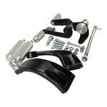 The TC Bros. Mid Controls Kit for 2004-2013 Harley-Davidson Sportster includes black brackets, silver foot pegs, bolts, nuts, washers, and a linkage rod from TC Bros., all arranged on a white background.