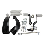 The TC Bros. Mid Controls Kit for 2004-2013 Harley-Davidson Sportster includes black brackets, silver foot pegs, bolts, nuts, washers, and a linkage rod from TC Bros., all arranged on a white background.