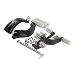 The TC Bros. Mid Controls Kit for 2004-2013 Harley-Davidson Sportster includes black brackets, silver foot pegs, bolts, nuts, washers, and a linkage rod from TC Bros., all arranged on a white background.