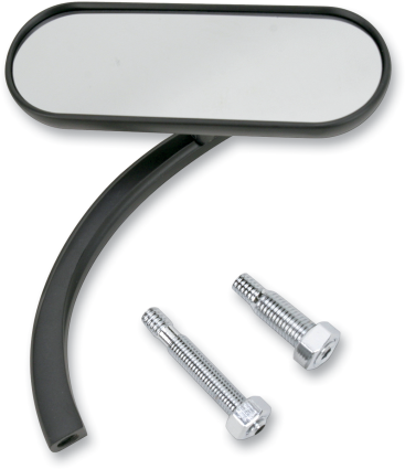 Arlen Ness Mini Oval Mirror by Arlen Ness, featuring a rectangular convex glass, curved black arm, and two silver mounting bolts—displayed on a white background and ideal for Harley-Davidson motorcycles.