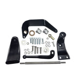 A TC Bros. Mid Controls Kit for 1991-2017 Harley-Davidson Dyna (no footpegs), featuring black metal brackets, assorted bolts, washers, nuts, bushings, and a metal rod arranged on a white background.