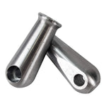 Two TC Bros. Sissy Bar/Fender Strut Mounting Bungs, cylindrical with holes at one end, are positioned crossing each other on a white background.