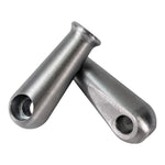 Two TC Bros. Sissy Bar/Fender Strut Mounting Bungs, cylindrical with holes at one end, are positioned crossing each other on a white background.