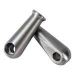 Two TC Bros. Sissy Bar/Fender Strut Mounting Bungs, cylindrical with holes at one end, are positioned crossing each other on a white background.