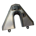 The TC Bros. Horseshoe Oil Tank Kit for 1982-2003 Sportster Hardtail features welded seams, two mounting tabs, and two differently sized circular openings on one side.