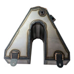 The TC Bros. Horseshoe Oil Tank Kit for 1982-2003 Sportster Hardtail features welded seams, two mounting tabs, and two differently sized circular openings on one side.