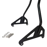 A pair of black TC Bros. M8 Fat Bob Kickback Sissy Bars, suitable for a Harley Davidson motorcycle.