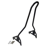 A black TC Bros. M8 Fat Bob Kickback Sissy Bar for a Harley Davidson motorcycle with bolts and screws.
