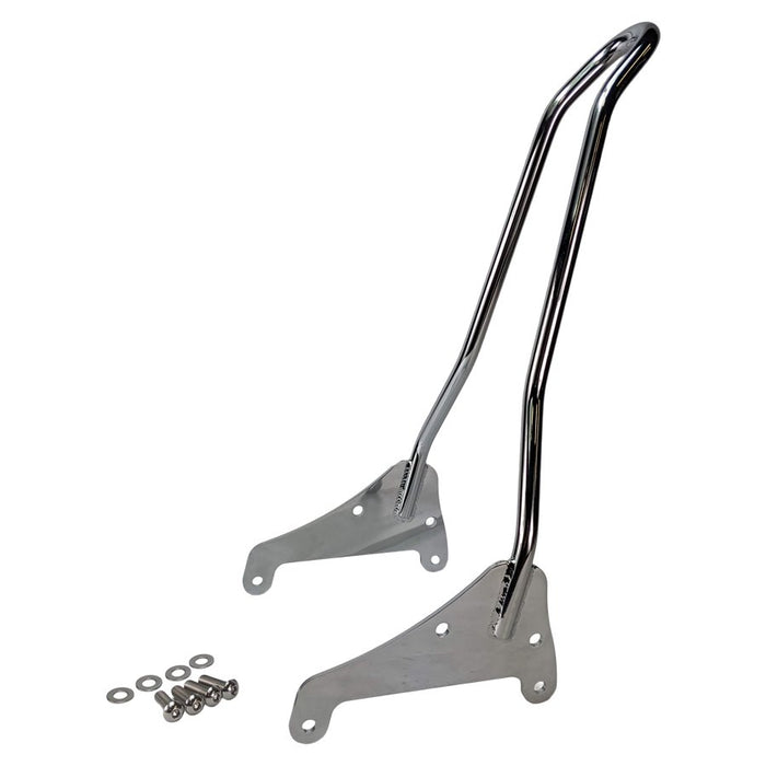 A pair of TC Bros. M8 Softail Kickback Sissy Bar Chrome FXBB FLDE FLHC FLSL FXST brackets for motorcycle gear fitment.