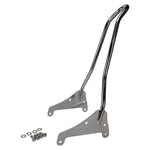 The TC Bros. Kickback Sissy Bar for Harley-Davidson M8 Softail (Chrome) by TC Bros., including mounting brackets and hardware, is shown on a white background.