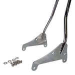 The TC Bros. Kickback Sissy Bar for Harley-Davidson M8 Softail (Chrome) by TC Bros., including mounting brackets and hardware, is shown on a white background.