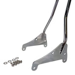 The TC Bros. Kickback Sissy Bar for Harley-Davidson M8 Softail (Chrome) by TC Bros., including mounting brackets and hardware, is shown on a white background.