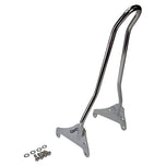 The TC Bros. Kickback Sissy Bar for Harley-Davidson M8 Softail (Chrome) by TC Bros., including mounting brackets and hardware, is shown on a white background.