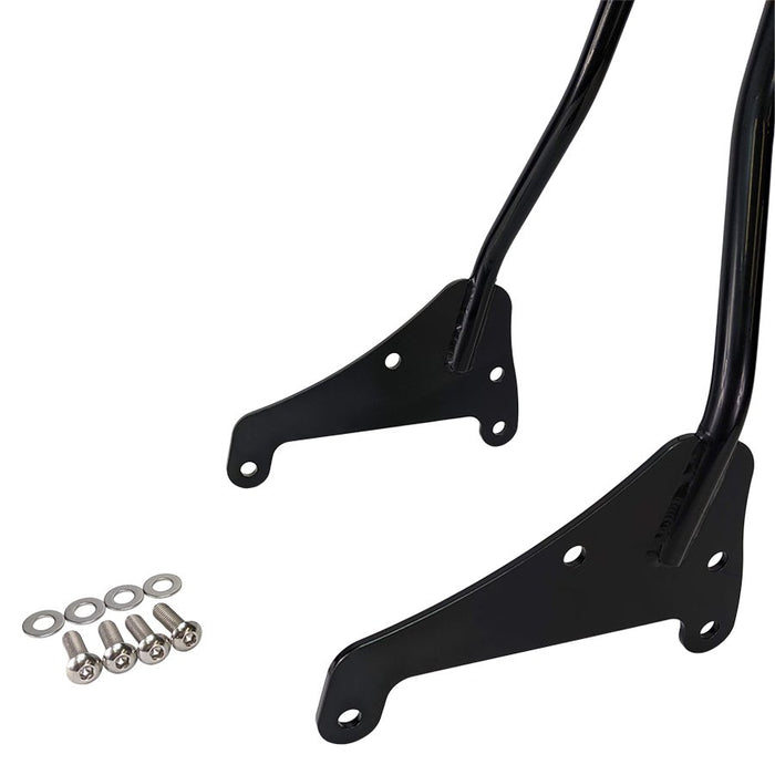 A pair of TC Bros. M8 Softail Kickback Sissy Bar Black FXBB FLDE FXLR FLSL FXST bolt-on side stand brackets for a motorcycle.