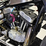 Harley-Davidson motorcycle with a TC Bros. Ripple Black Air Cleaner HD CV Carbs & EFI, featuring a black powdercoat finish.