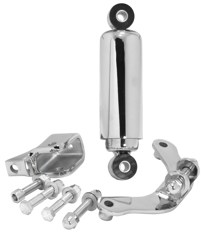 A Mid-USA suspension kit for a motorcycle, including the Springer Ride Control Shock Kit For Vintage Style Springers - Chrome and mounting hardware for Springer front forks.