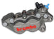 A Brembo P4 Axial Brake Caliper Right Side Silver 4 Piston (red lettering) with the word brembo on it.