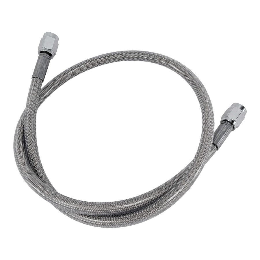 A Goodridge Universal Stainless Steel Braided Motorcycle Brake Line - Clear Coated - 9" with a PTFE liner, on a white background.
