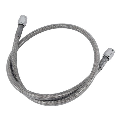 A Goodridge Universal Stainless Steel Braided Motorcycle Brake Line - Clear Coated - 11" with a PTFE liner, suitable for handling hydraulic and brake fluids, on a white background.