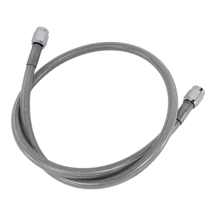 A Goodridge Universal Stainless Steel Braided Motorcycle Brake Line - Clear Coated - 18" with a white background.