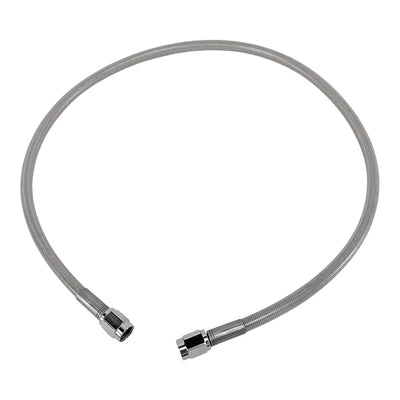 A Goodridge Universal Stainless Steel Braided Motorcycle Brake Line - Clear Coated - 15" with a PTFE liner for hydraulic and brake fluids, on a white background.